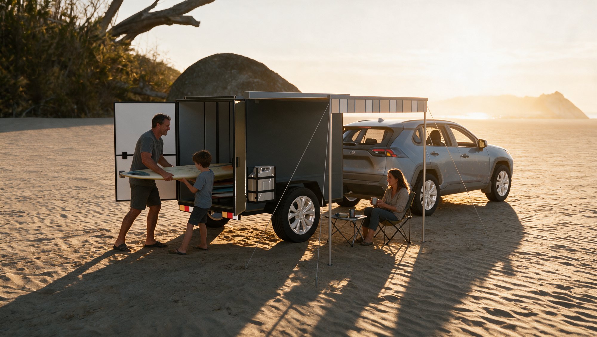 A family unloading a windsurf board from an off-road teardrop trailer on a beach at golden hour, awning out, RAV4 parked alongside