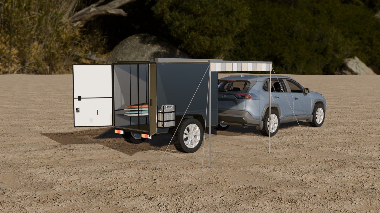 Blender render of the trailer and RAV4 on sand, rear doors open, awning deployed